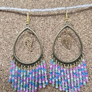 Bohemian Gold and Multicolor Beaded Leaf Earrings